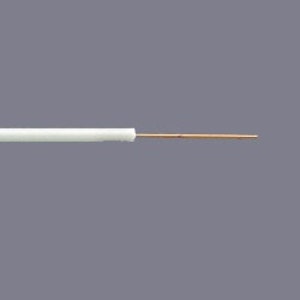 May include: A close-up of a white electrical wire with a copper core.