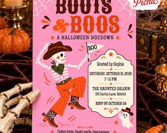 Western Halloween Party Invitation, Pink Cowboy Skeleton, Country Party Invite, Canva invitation template, Printable 5x7, Digital Download