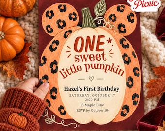 Pumpkin First Birthday Invitation, Leopard Pumpkin, Fall Birthday Party Invite, Canva invitation template, Printable 5x7, Digital Download