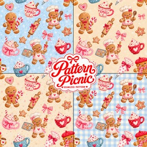 Puede incluir: Un patrón continuo con figuras de pan de jengibre, tazas de chocolate caliente con nata, rodillos y lazos. El diseño incluye el texto Pattern Picnic Seamless Pattern. Los colores de fondo alternan entre azul claro y crema.