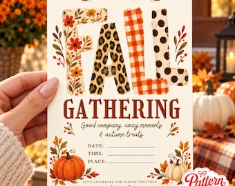 Fall Gathering Invitation, Autumn Patchwork Lettering Pumpkins, Leopard Gingham, Canva invitation template, Printable 5x7, Digital Download