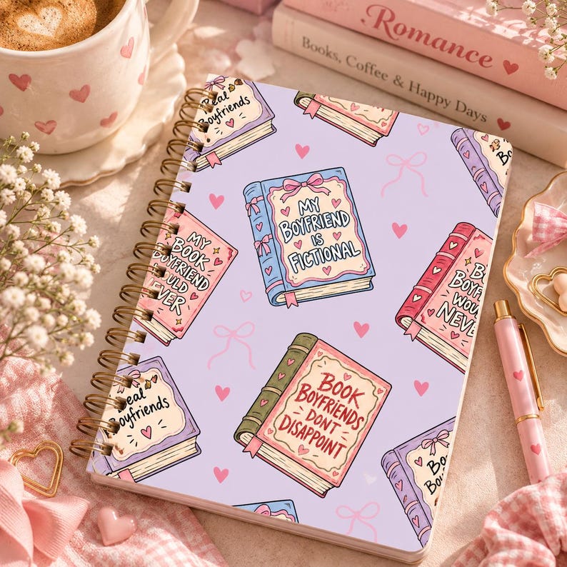 Peut inclure: Un carnet &agrave; spirales avec une couverture violet clair orn&eacute;e d'un motif r&eacute;p&eacute;titif de livres illustr&eacute;s et de petits c&oelig;urs roses. Les couvertures des livres affichent des textes comme "My boyfriend is fictional" et "Book boyfriends don't disappoint."