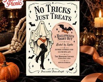 Night Out Halloween Party Invitation, Cheeky Ghost, Cream Peach Orange and Black Canva invitation template, Printable 5x7, Digital Download