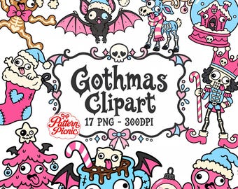 Gothmas PNG Pack, Gothic Christmas Clipart Bundle, Funny Spooky Characters, Pink and Blue Holiday Graphics, Digital Download