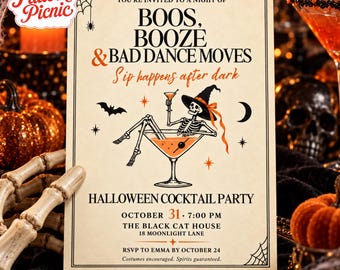 Vintage Halloween Cocktail Party Invitation, Orange and Black Skeleton, Canva invitation template, Printable 5x7, Digital Download