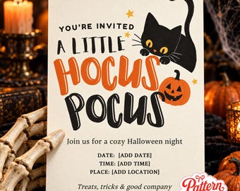 Black Cat Halloween Party Invitation, Vintage Pumpkin Design, Cream Black Orange, Canva invitation template, Printable 5x7, Digital Download