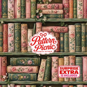 May include: A digital wallpaper featuring rows of vintage-style books on shelves. The spines are decorated with floral patterns in shades of pink, green, and gold. A white logo reads Pattern Picnic, and a red rectangular label says SURPRISE EXTRA IS INCLUDED.