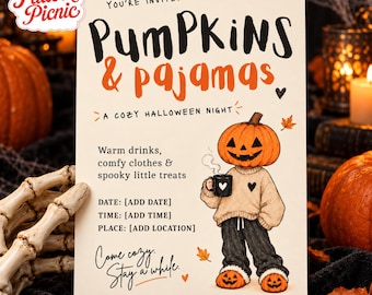 Halloween Pajama Party Invitation, Cute Pumpkin Character, Cream Orange Black, Canva invitation template, Printable 5x7, Digital Download