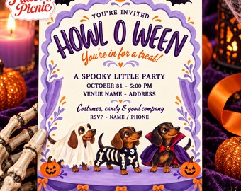 Dachshund Halloween Party Invitation, Purple Orange Dog, Cute Puppy Invite, Canva invitation template, Printable 5x7, Digital Download