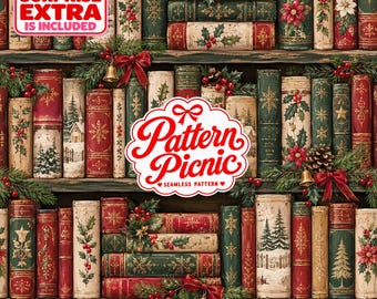 May include: A seamless digital pattern featuring a bookshelf filled with vintage-style books decorated with Christmas motifs like holly, poinsettias, pine trees, and snowflakes in red, green, and cream. Includes text overlays reading SURPRISE EXTRA IS INCLUDED and Pattern Picnic SEAMLESS PATTERN.