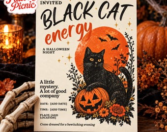 Black Cat Halloween Party Invitation, Vintage Orange Moon and Pumpkin Design, Canva invitation template, Printable 5x7, Digital Download