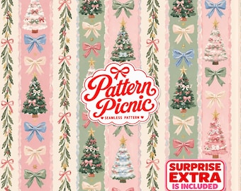 May include: A seamless pattern featuring vertical stripes of Christmas trees, bows, and garlands in shades of pink, green, and blue. The text Pattern Picnic Seamless Pattern and a red box with the text SURPRISE EXTRA IS INCLUDED are visible.