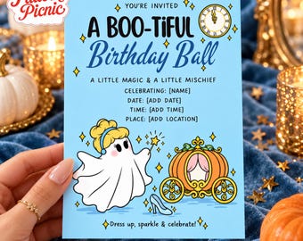 Blue Princess Ghost Birthday Invitation, Halloween Party Invite, Canva invitation template, Printable 5x7, Digital Download