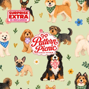 May include: A seamless pattern on a light green background featuring various dog breeds wearing colorful bandanas with floral and heart prints. The image includes text that reads SURPRISE EXTRA IS INCLUDED and Pattern Picnic SEAMLESS PATTERN.