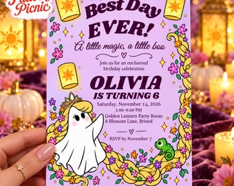 Long Hair Princess Ghost Birthday Invitation, Lavender Invite with Golden Lanterns, Canva invite template, Printable 5x7, Digital Download