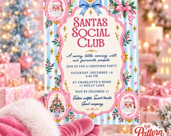 Pink Christmas Party Invitation, Blue Stripes Vintage Santa, Holiday Invite, Canva invitation template, Printable 5x7, Digital Download