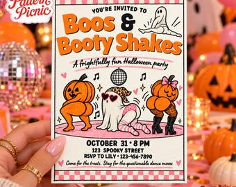 Funny Halloween Party Invitation, Pink & Orange Dancing Ghosts, 5x7 Printable Invite, Disco Halloween Party. Printable 5x7, Digital Download