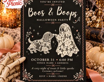 Black Halloween Party Invitation, Lace Ghost Dachshund, 5x7 Digital Invitation, Canva invitation template, Printable 5x7, Digital Download