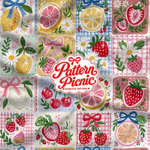 May include: A seamless pattern featuring a grid of squares with illustrations of strawberries, lemons, and grapefruit slices, accented by daisies and bows. The text 'Pattern Picnic' is centered in a white scalloped frame over the design.