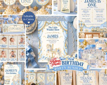 Blue Carnival Party Bundle, Circus Birthday Decorations, Editable Canva Templates, Invitation Printable Package
