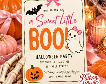 Cute Halloween Party Invitation, Cream and Orange Coquette Invite, Canva invitation template, Printable 5x7, Digital Download