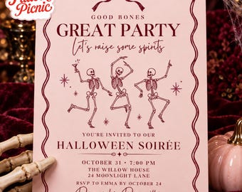 Pink and Burgundy Halloween Invitation, Dancing Skeleton Party Invite, Canva invitation template, Printable 5x7, Digital Download