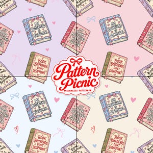 Peut inclure: Un motif r&eacute;p&eacute;titif compos&eacute; de livres illustr&eacute;s sur des fonds rose, bleu et cr&egrave;me. Les couvertures des livres pr&eacute;sentent les textes My Boyfriend Is Fictional, Book Boyfriends Don't Disappoint et My Book Boyfriend Would Never, orn&eacute;s de c&oelig;urs et de n&oelig;uds.