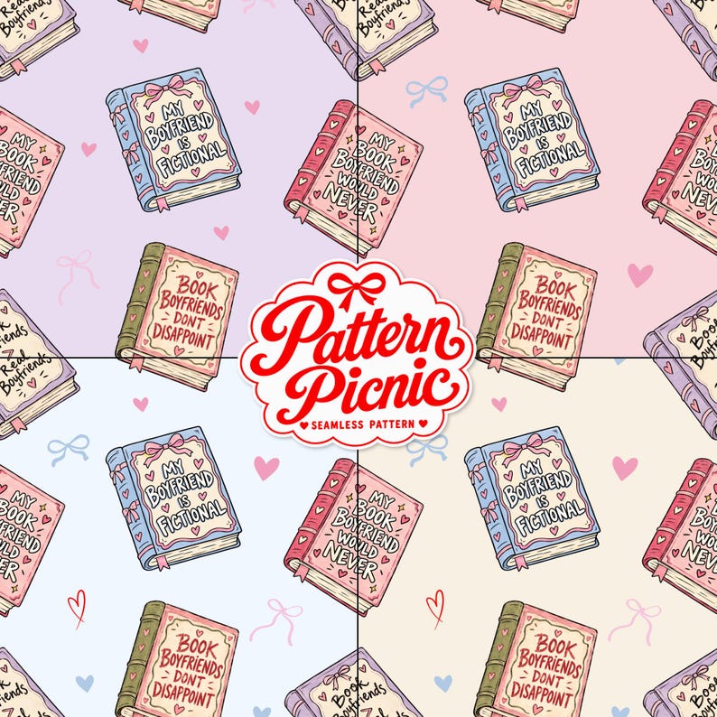 Peut inclure: Un motif r&eacute;p&eacute;titif compos&eacute; de livres illustr&eacute;s sur des fonds rose, bleu et cr&egrave;me. Les couvertures des livres pr&eacute;sentent les textes My Boyfriend Is Fictional, Book Boyfriends Don't Disappoint et My Book Boyfriend Would Never, orn&eacute;s de c&oelig;urs et de n&oelig;uds.