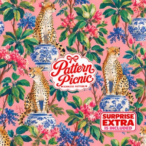 May include: A seamless pattern featuring cheetahs perched on blue and white porcelain vases amidst pink floral foliage. The design includes the text Pattern Picnic Seamless Pattern and a red box with the text Surprise Extra Is Included.