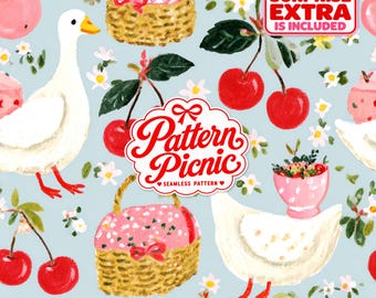 Geese and Cherry Picnic Seamless Pattern – Whimsical Spring Bird Farm, Digital Download