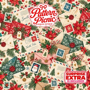 Può includere: Un motivo continuo con buste natalizie, stelle di Natale rosse, rami di pino e francobolli. Il design include il testo Pattern Picnic, Seamless Pattern e Surprise Extra Is Included, con decorazioni a tema festivo.