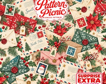 May include: A seamless pattern featuring Christmas envelopes, red poinsettias, pine branches, and postage stamps. The design includes text reading Pattern Picnic, Seamless Pattern, and Surprise Extra Is Included, with festive holiday motifs.