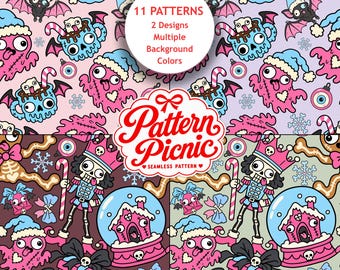 Gothmas Seamless Pattern Bundle, 11 Color Variations, Pastel Gothic Christmas Digital Paper, Spooky Holiday PNG, Digital Download