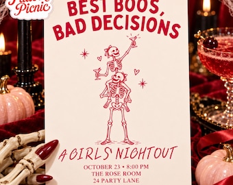 Girls Night Halloween Invitation, Red and Cream Skeleton Cocktail Party Invite, Canva invitation template, Printable 5x7, Digital Download