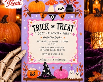 Trick or Treat Halloween Party Invitation, Lavender and Pink Canva invitation template, Printable 5x7, Digital Download