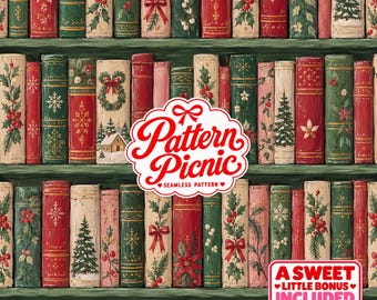 May include: A seamless pattern featuring rows of vintage-style books on shelves, decorated with Christmas motifs like holly, pine trees, snowflakes, and red bows. The text Pattern Picnic and A SWEET LITTLE BONUS INCLUDED is overlaid on the image.