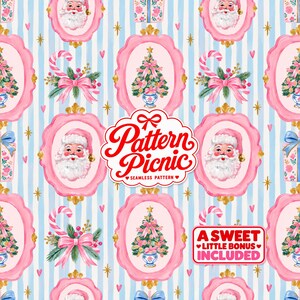 May include: A seamless pattern featuring repeating illustrations of Santa Claus, Christmas trees, and candy canes inside pink ornate frames on a light blue striped background. The text Pattern Picnic and A SWEET LITTLE BONUS INCLUDED appear.