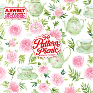 Puede incluir: Un patrón continuo con ilustraciones en acuarela de teteras verde claro, tazas de té con platillos y rosas rosadas con hojas verdes sobre un fondo blanco. Aparece el texto A SWEET LITTLE BONUS INCLUDED y Pattern Picnic SEAMLESS PATTERN.