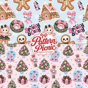 May include: A seamless pattern featuring two distinct sections. The top light blue section displays gingerbread houses, skeleton gingerbread cookies, wreaths with skulls, and the text Spooky & Cozy. The bottom pink section shows nutcrackers, Christmas trees with skulls, snow globes, and gifts. The centre text reads Pattern Picnic.