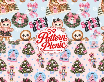Gothmas Seamless Pattern Bundle, 2 Pastel Gothic Christmas Designs, Pink and Blue Digital Paper, Spooky Holiday Patterns, Digital Download