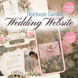 Peut inclure: Un modèle de site web de mariage intitulé Heirloom Garden Wedding Website avec des illustrations florales, deux cygnes blancs, un couple et une enveloppe rose avec de la dentelle et un sceau de cire. Inclut des badges Canva editable et RSVP.