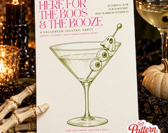 Halloween Cocktail Party Invitation, Pink and Olive Green invite, Canva invitation template, Printable 5x7, Digital Download