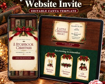 Christmas Eve Website Invitation, Editable Canva Template, Storybook Christmas Invite, Bookshelf Holiday Party Canva Invitation, RSVP