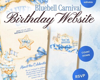Baby Blue Circus Birthday Website Invitation, Editable Canva Template, Vintage Carnival Invite, Birthday Party Canva Invitation, RSVP