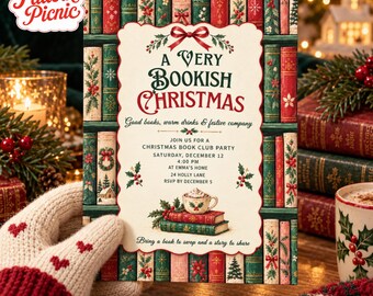 Christmas Book Club Invitation, Red Green and Cream Holiday Party Invite, Canva invitation template, Printable 5x7, Digital Download