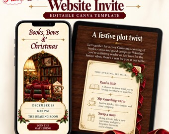 Christmas Book Club Website Invitation, Editable Canva Template, Vintage Bookshelf Invite, Holiday Book Swap Party Canva Invitation, RSVP