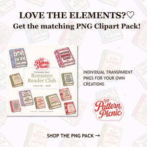 Peut inclure: Une collection num&eacute;rique de dix illustrations de livres aux couleurs pastel vari&eacute;es avec des titres romantiques. Le logo central indique Pattern Picnic Romance Reader Club, entour&eacute; d'ic&ocirc;nes de livres avec des phrases comme My Boyfriend Is Fictional.