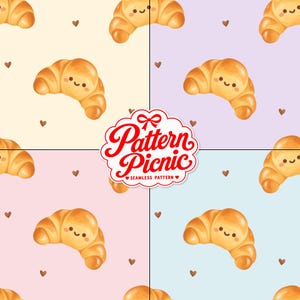 Puede incluir: Un patrón continuo con ilustraciones repetidas de croissants dorados con caras sonrientes y pequeños corazones marrones sobre fondos amarillo pálido, morado claro, rosa suave y azul claro. El texto Pattern Picnic está en el centro.