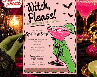 Halloween Girls Night Invitation, Funny Halloween Party Invite, Witch Cocktail, Canva invitation template, Printable 5x7, Digital Download