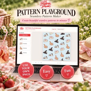 May include: A laptop screen displays the Pattern Playground software interface, featuring a light blue digital canvas populated with a repeating pattern of small, cartoon-style cats with wings. Three red circular buttons overlay the keyboard area.